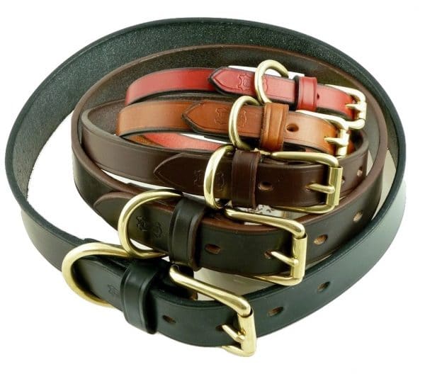 ESB Classic leather dog collars - from top, Red 12mm, Hazel 16mm, Chestnut 20mm, Havana 25mm, Black 32mm