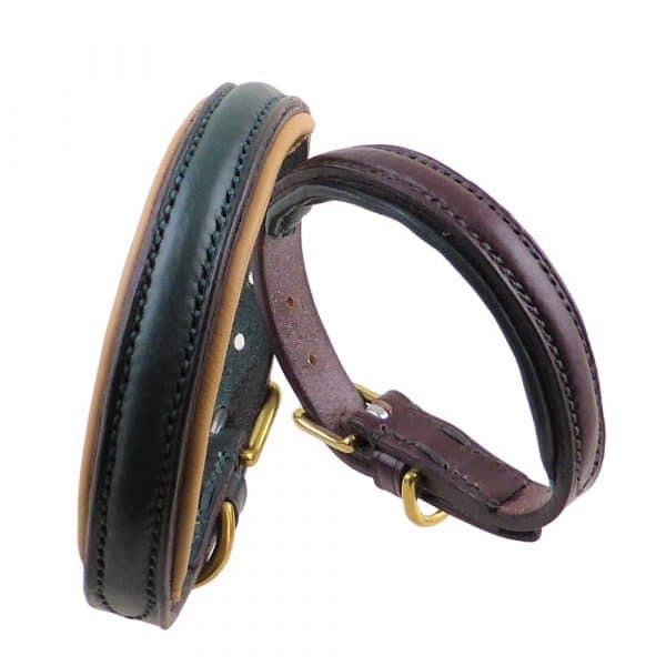 ESB Raised leather dog collars, Green and tan, Chestnut and brown