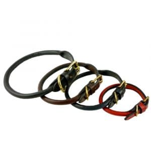 ESB Rolled buckled leather dog collars (L-R) Black 25mm, Chestnut 20mm, Navy 16mm, Red 12mm buckles
