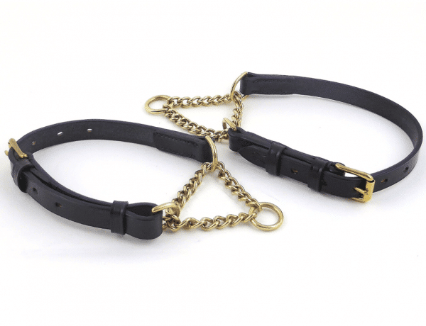 ESB Leather Adjustable half-choke collars in Black 20mm with solid brass chains (L - non-opening, R - opening)