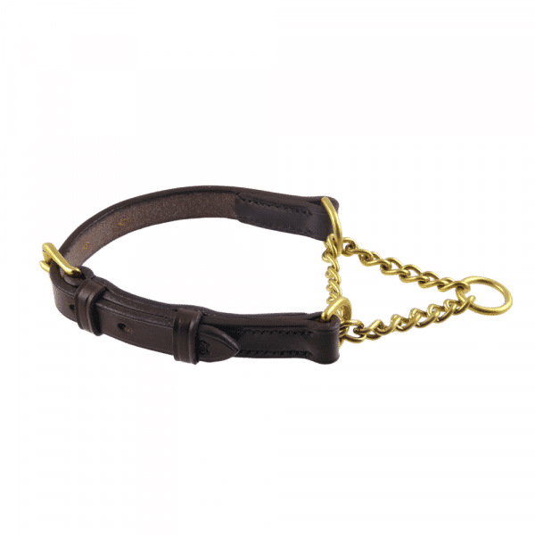 ESB Opening adjustable leather half-choke collar in Chestnut 20mm with solid brass medium chain