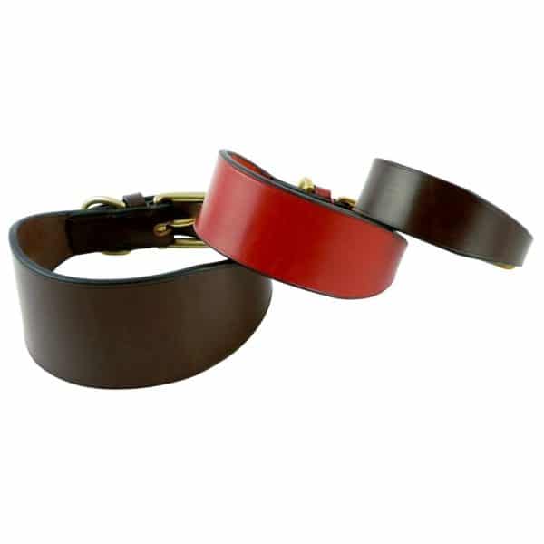 ESB Classic leather hound collars L to R, Chestnut 62mm, Red 45mm, Havana 32mm