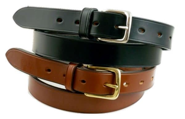 ESB Leather Classic belts (25mm) - Black with polished nickel buckle A (top), Hazel with polished brass buckle A