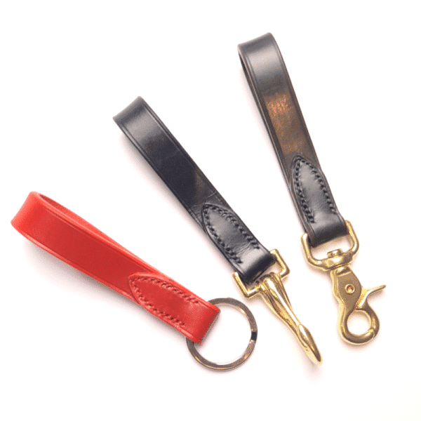 ESB Leather stitched key holders (L-R) Red/nickel split ring, Navy/brass snap hook, Green/brass swivel snap hook