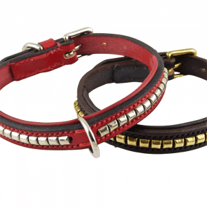 ESB Leather Clincher collars shown in Red (nickel) with optional centre dee and Havana (brass)