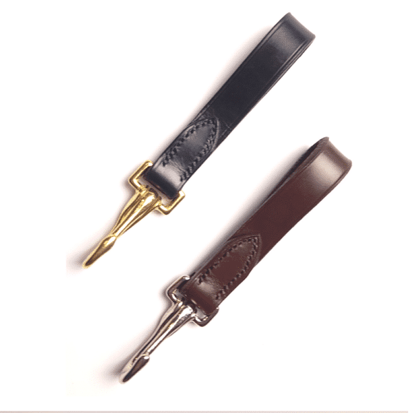 ESB Leather stitched key holders with snap hooks (L, Navy/brass, R, Chestnut/nickel)