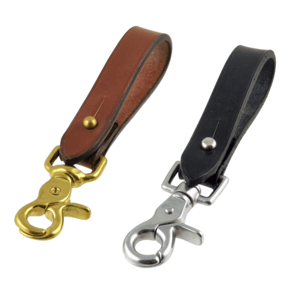 ESB Leather key holders with button stud and swivel snap hook (L- Hazel/brass, R - Black/stainless steel)