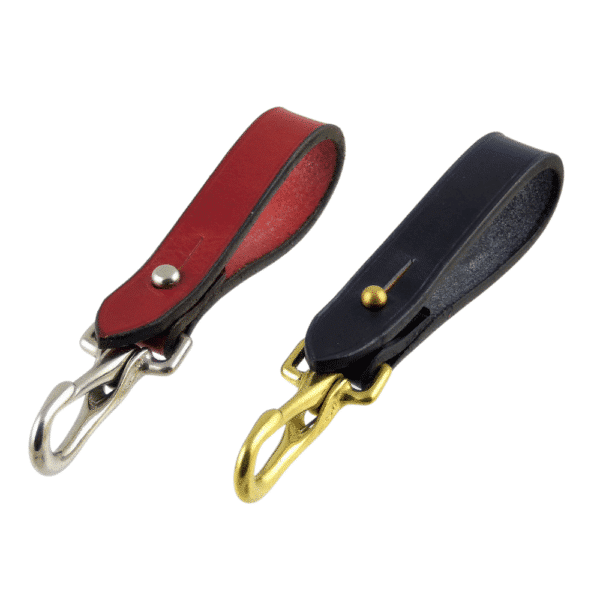ESB Leather key holders with button stud and snap hook (L- Red/nickel, R - Navy/brass)