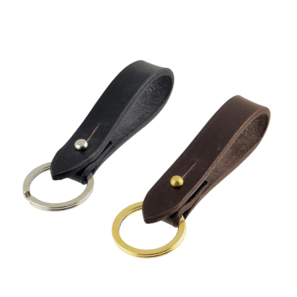ESB Leather key holders with button stud and split ring (L- Black/nickel, R - Chestnut/brass)