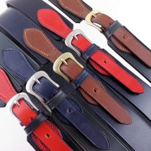 ESB Leather Brobury Belts - (L-R) Red/Black (polished nickel B), Navy/Green (matt nickel B), Hazel/Navy (matt brass B), Red/Navy (matt nickel B), Hazel/Green (polished brass B)