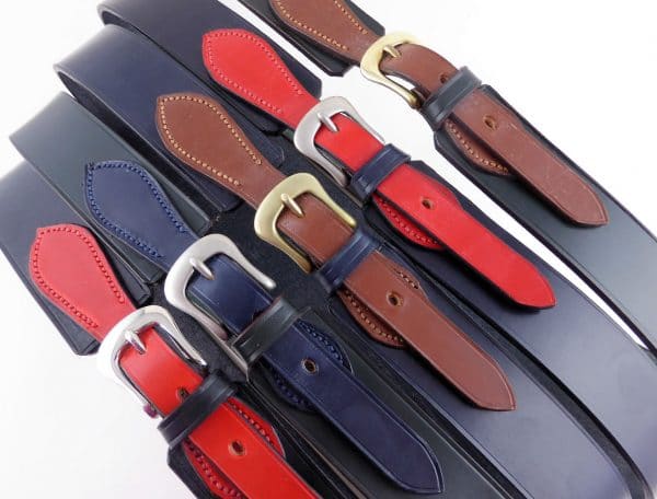 ESB Leather Brobury Belts - (L-R) Red/Black (polished nickel B), Navy/Green (matt nickel B), Hazel/Navy (matt brass B), Red/Navy (matt nickel B), Hazel/Green (polished brass B)