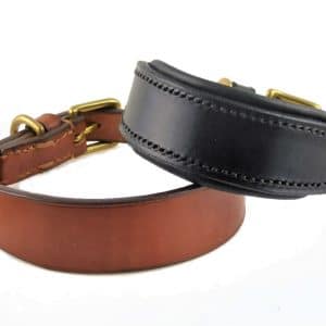 ESB Leather Classic hound collars in 32mm width, L in Hazel, R in Black with padded lining