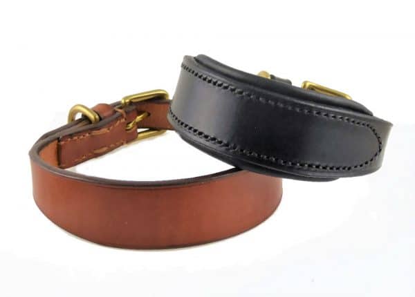 ESB Leather Classic hound collars in 32mm width, L in Hazel, R in Black with padded lining