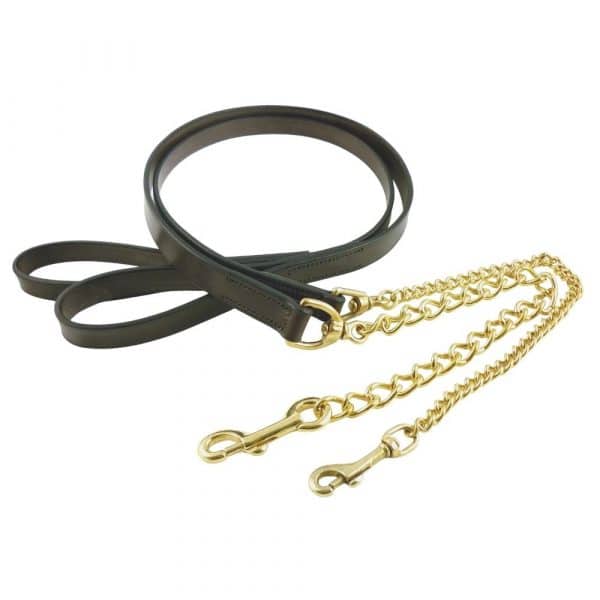 ESB Leather Cattle leads in Havana with chains and triggers (L - 25mm lead and heavy chain, R - 20mm lead with medium chain)