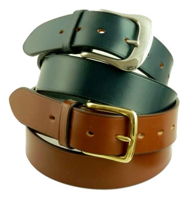 Classic leather belts in 38mm width, buckle B in polished nickel (top), Buckel A (below) in polished brass