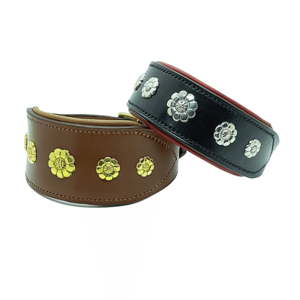ESB Leather Daisy sight-hound collars in Hazel and Tan (62mm, Brass), Black and Red (45mm, Nickel)