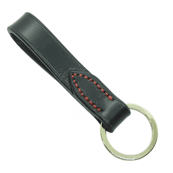 ESB Leather stitched key fob with split ring, in black with red stitching