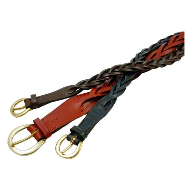 ESB Plaited leather belts in Chestnut, Red and Navy (L to R)