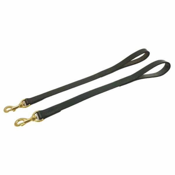 ESB Short leather dog leads in Havana 20mm (L) and Black 25mm (R)