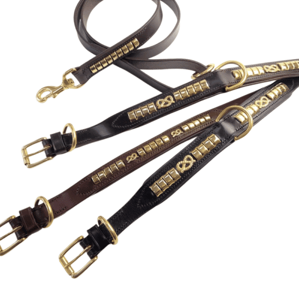 Staffie collars (from top - dark Havana, Chestnut and Black) and Chestnut clincher lead (25mm)
