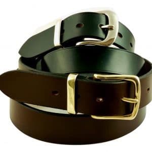 ESB Leather Wye Valley belts - top, Black 32mm with polished nickel buckle B, below, Chestnut 38mm with polished brass buckle A