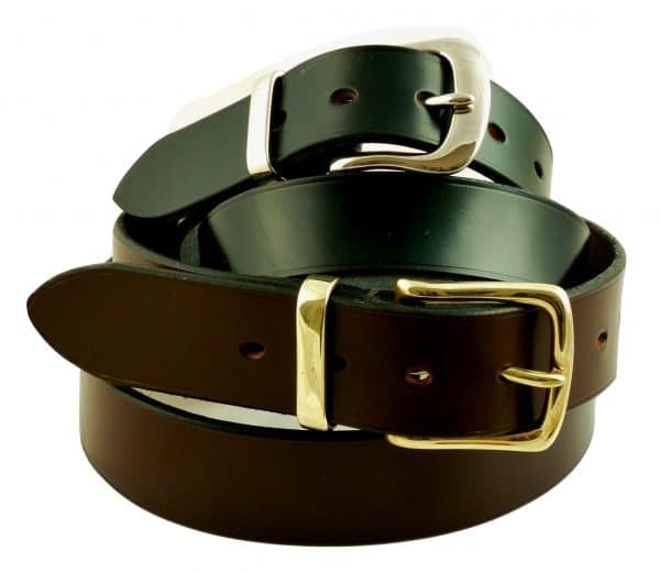 ESB Leather Wye Valley belts - top, Black 32mm with polished nickel buckle B, below, Chestnut 38mm with polished brass buckle A