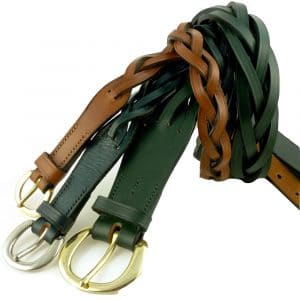 ESB Leather Plaited belts - (L-R) Hazel 20mm, Navy 25mm (nickel buckle), Green 38mm