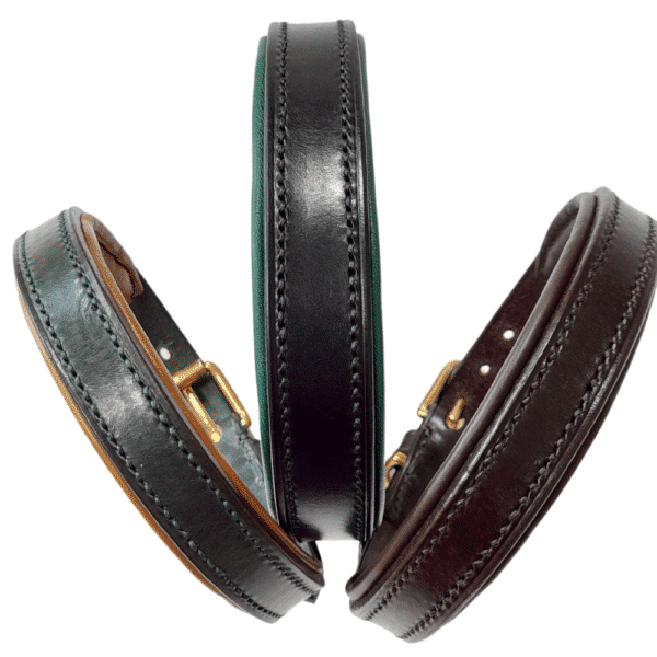 ESB Classic padded dog collars (L-R) dark Green with Tan lining (20mm), Black with Green lining (25mm), Havana with matching lining (20mm)