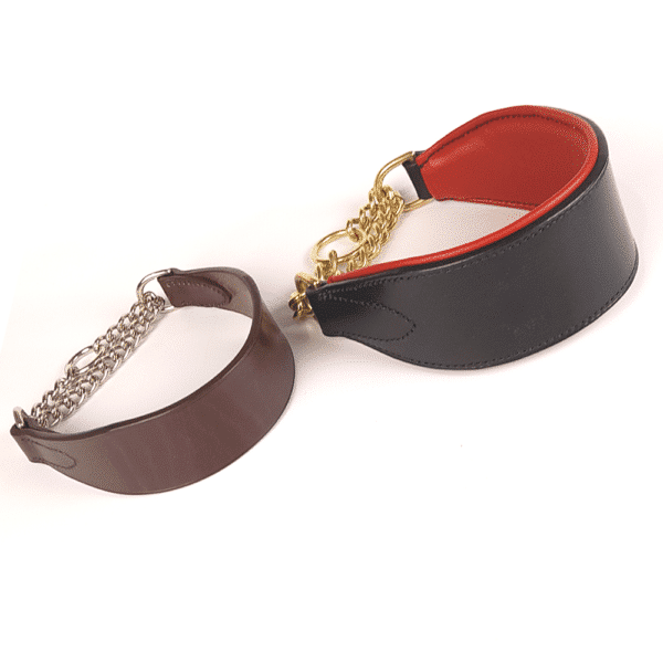 ESB Leather Half choke hound collars - Chestnut 45mm, nickel medium chain (L), 62mm Black with Red padded lining and brass heavy chain (R)