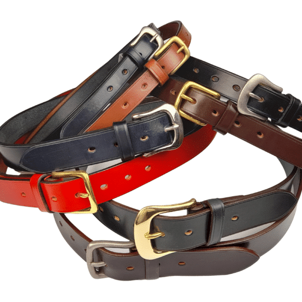 ESB Leather Classic belts (Clockwise from top), Navy 20mm, Hazel 20mm, Black 25mm, Chestnut 25mm, Green 38mm, Havana 38mm, Red 32mm, Navy 32mm