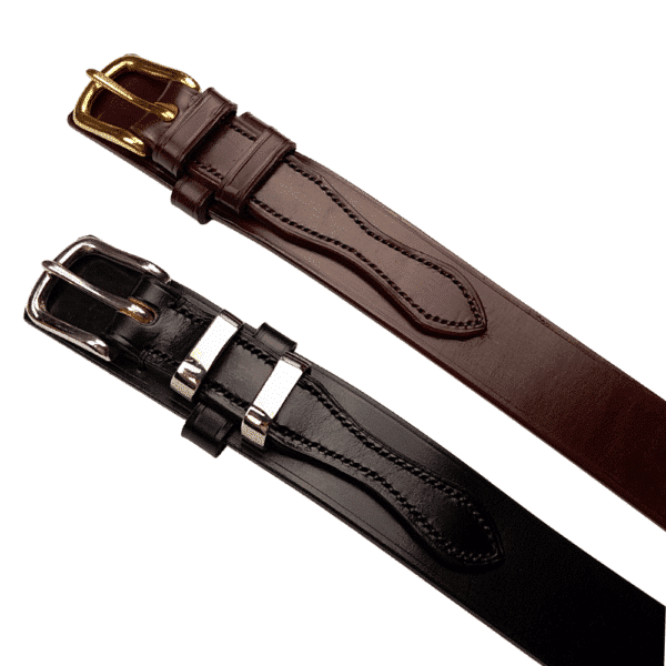 ESB Leather Ranger belt in Chestnut with polished brass, Wye Valley Ranger belt in black with polished nickel