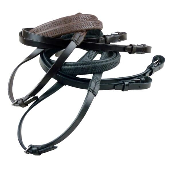 ESB Leather Havana and Black Rubber Grip reins with buckled billets