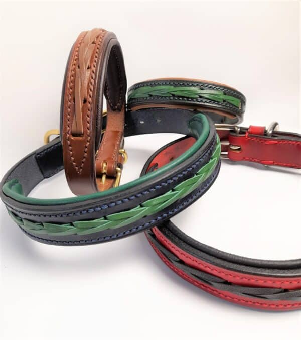 ESB Braided collars, clockwise from top, Hazel (20mm), Green (20mm), Red with black (25mm), Navy with Green (25mm)