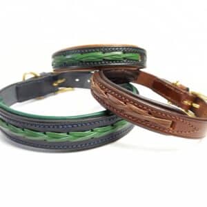 ESB Braided dog collars, L-R, Navy with green (25mm), Green with tan lining (20mm), Hazel with brown lining (20mm)
