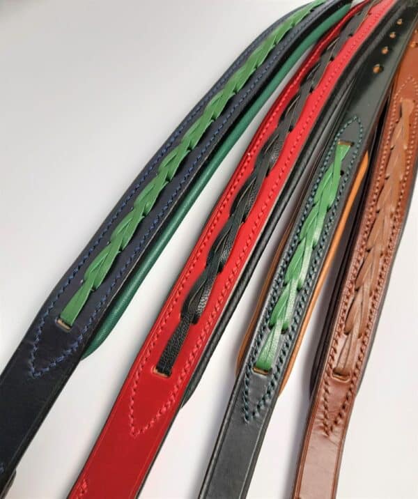 ESB Braided leather dog collars, L-R, Navy with green (25mm), Red with Black (25mm), Green with tan lining (20mm), Hazel (20mm)