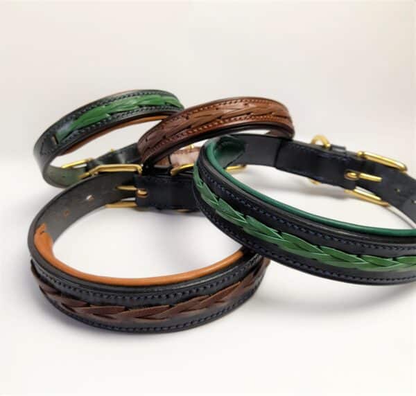 ESB Leather Braided dog collars, clockwise from top, Green (20mm), Hazel (20mm), Navy and Green (25mm), Navy with brown braide and tan lining (25mm)