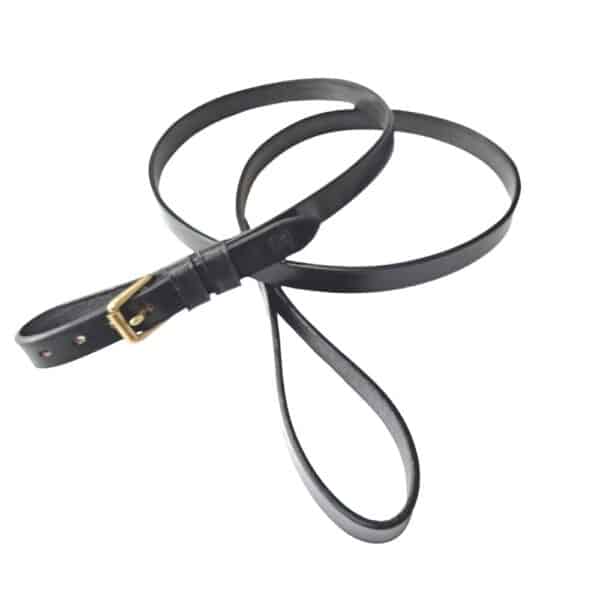 ESB Buckled leather dog lead shown in black with brass buckle